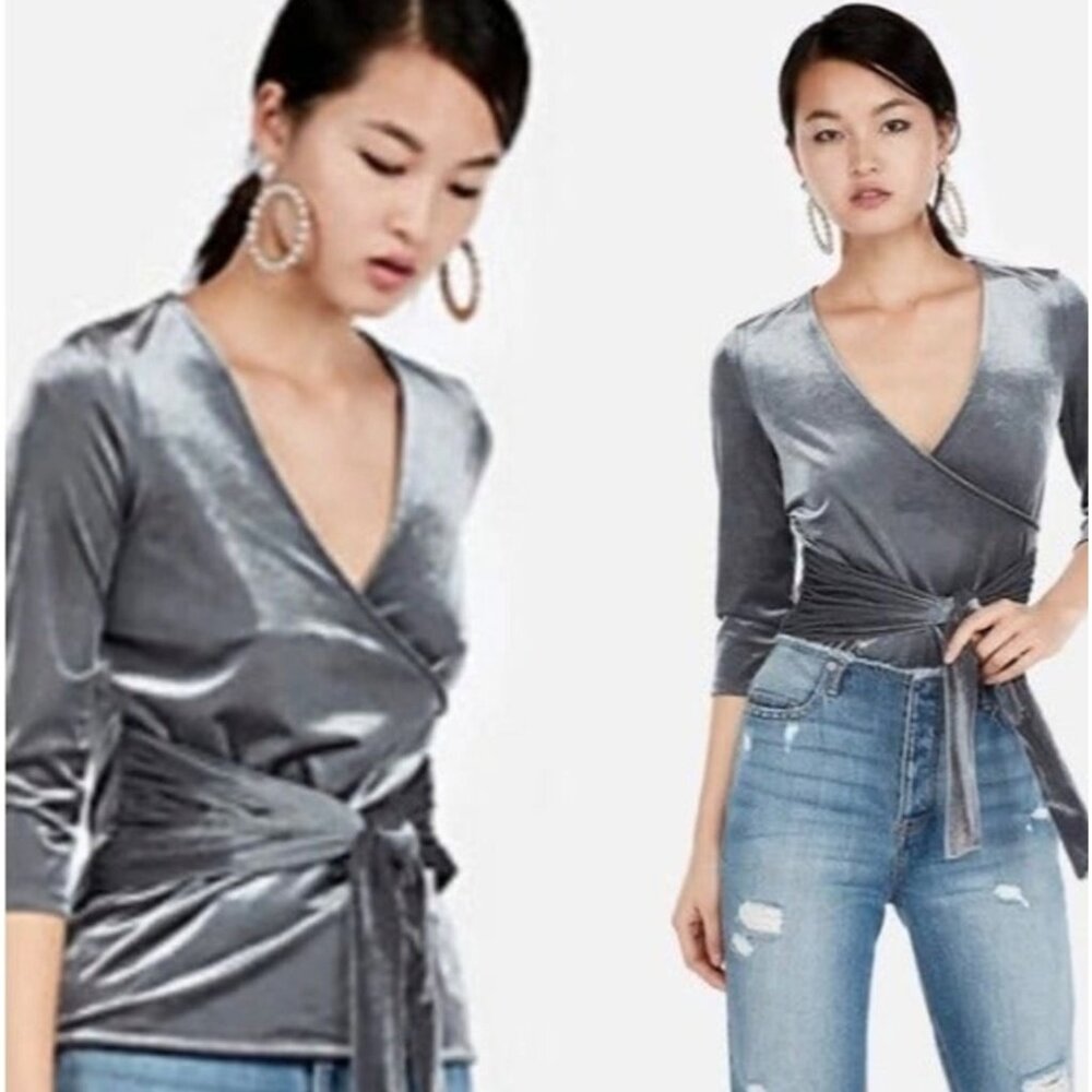 EXPRESS Silver Gray Ribbed Velvet 3/4 Sleeve Wrap-Front Women's Top NWT Small